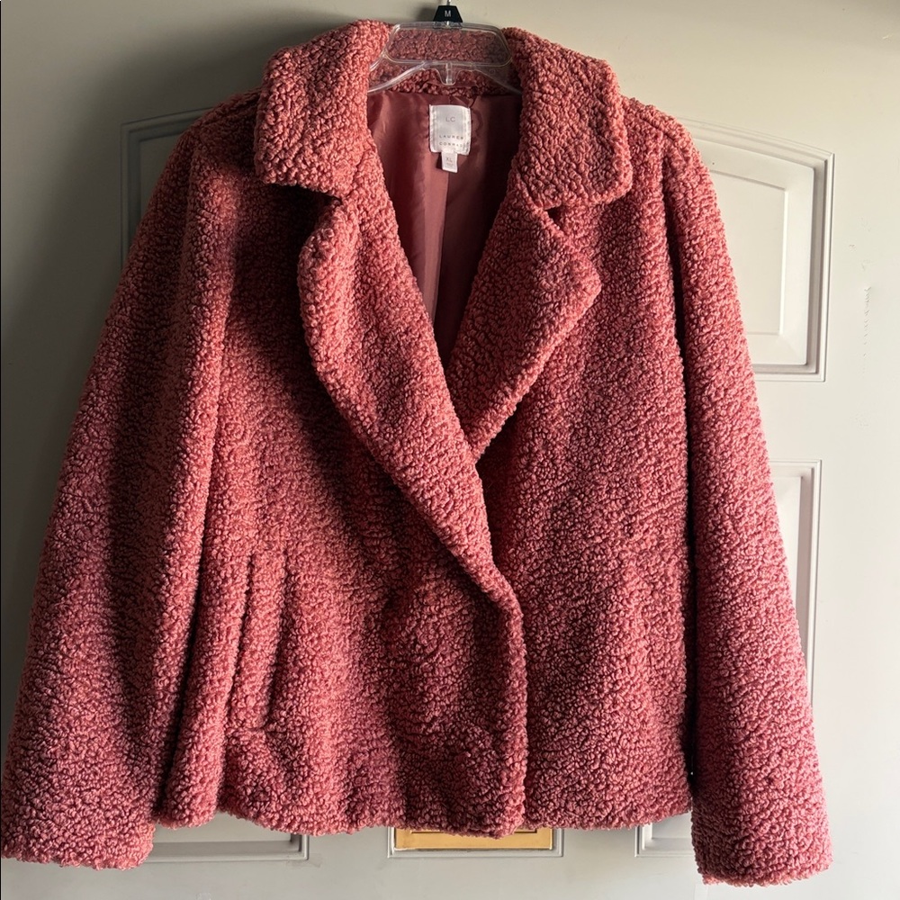 Lauren Conrad Women’s XL Rose Pink Faux Fur Pea Coat Style Jacket with snaps